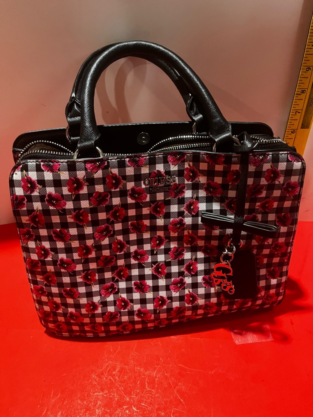 GUESS Black and Pink Floral Gingham Satchel